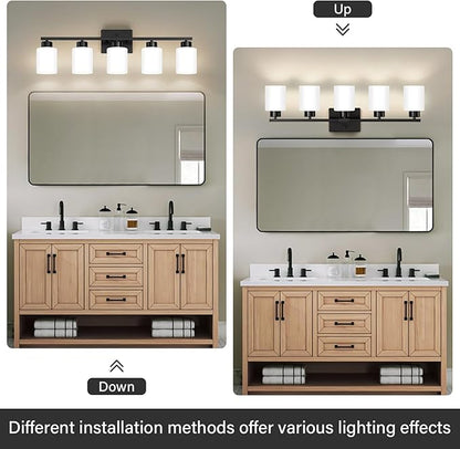FonmYim Black Bathroom Light Fixtures, 5-Light Modern Vanity Light Over Mirror, Wall Sconces with Milky White Frosted Glass Shades, E26 Socket (Bulbs Not Included)