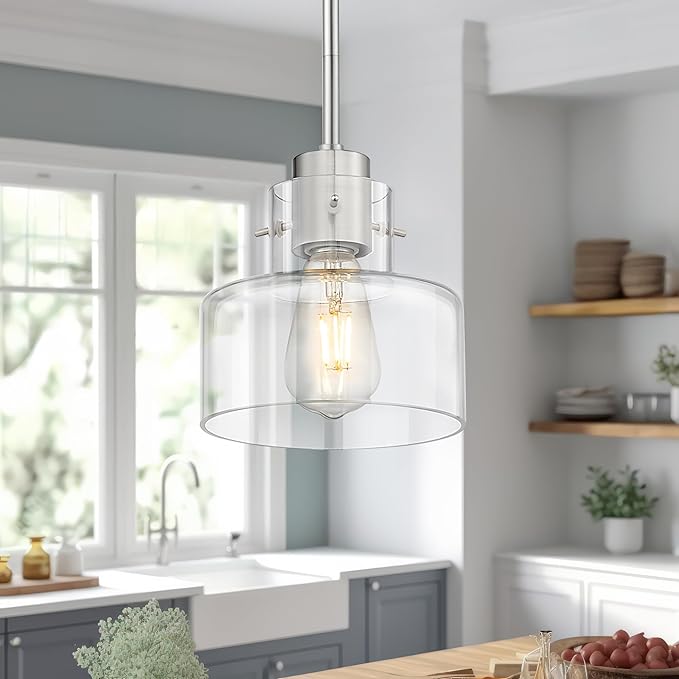 2 Pack Pendant Lights Kitchen Island, 6" Brushed Nickel Pendant Light Fixtures Over Island with Clear Glass Shade, Modern Kitchen Island Lighting for Dining Room Entryway, PL124-BN-G-2PK