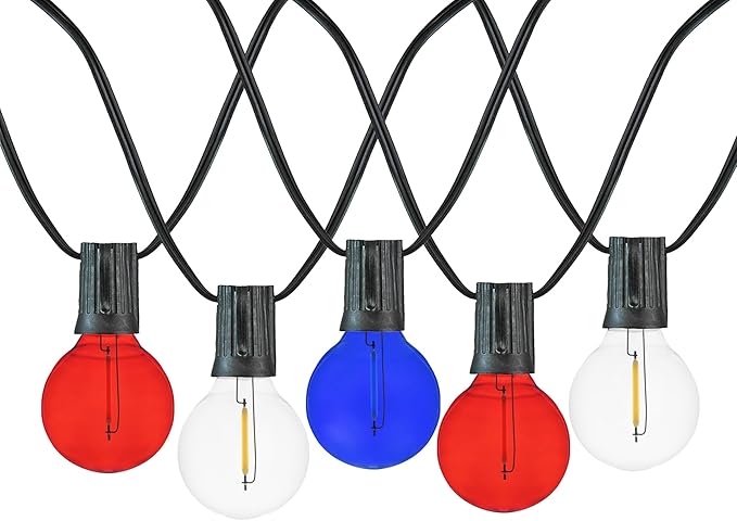 Novelty Lights G40 Filament LED String Light, Translucent Red/White/Blue Bulbs, 25 Globe Lights with 12" Spacing on Black Wire, Indoor/Outdoor Festive Patio Lights