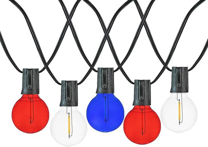 Novelty Lights G40 Filament LED String Light, Translucent Red/White/Blue Bulbs, 25 Globe Lights with 12" Spacing on Black Wire, Indoor/Outdoor Festive Patio Lights