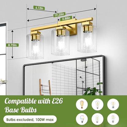 BesLowe 19‘’ 3-Light Bathroom Light Fixture, Modern Gold Bathroom Vanity Light Over Mirror, Matte Gold Wall Lamp, Sconces Wall Lighting Fixture for Living Room Bedroom Hallway
