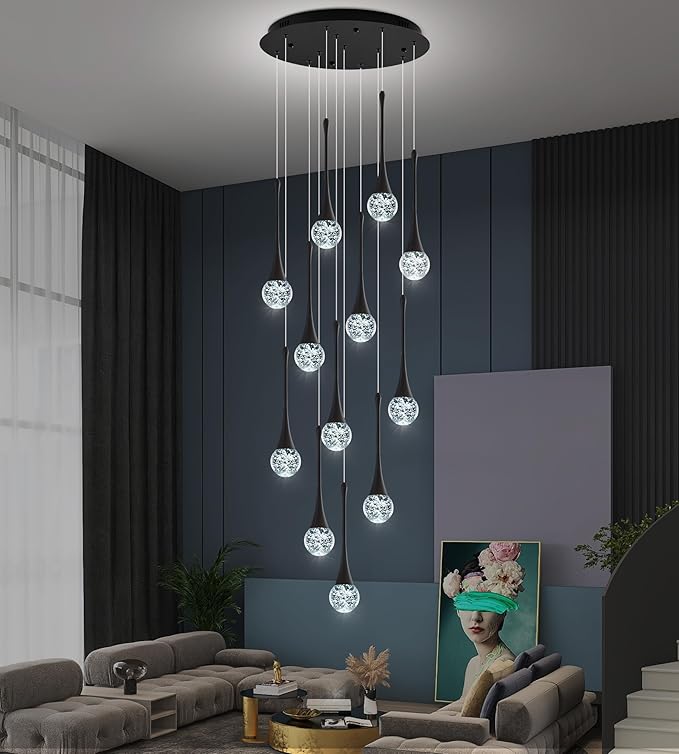 Modern Crystal Staircase Chandelier for High Ceilings, Glam LED Dimmable Pendant Light Living Room Entryway Foyer Chandelier Lighting Fixture Black 12-Lights
