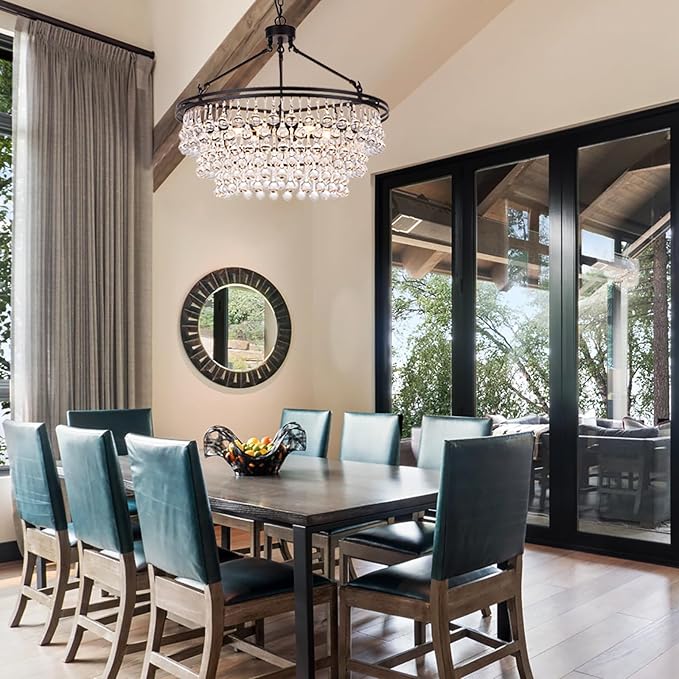 TOCHIC Black Crystal Chandelier 24 inch, Modern Farmhouse Light Fixtures Ceiling Hanging Crystal Pendant Lighting for Bedroom, Dining Room, Kitchen Island Light, Living Room Chandelier, 3 Tiers