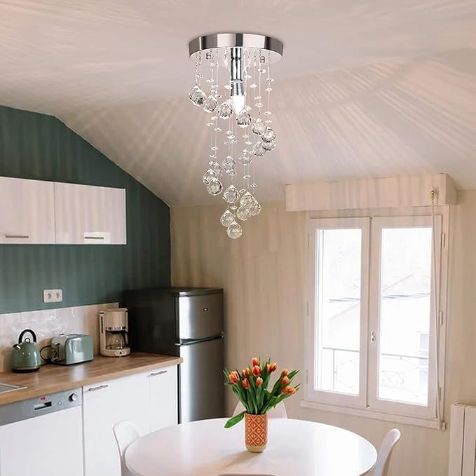 Modern Crystal Chandelier Elegant Spiral Flush Mount Chandelier Modern Raindrop Crystal Ball Chandeliers Fixture Pendant Ceiling Lamp Lighting Fixtures for Bedroom Hallway Living Room D8"x H15.8"