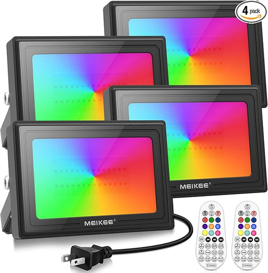 MEIKEE 60W 6000LM RGBW Flood Lights, 600W Equivalent RGB Color Changing LED Floodlights, 6500K White Light Outdoor Lighting with Timing Memory for Christmas Decoration 4 Packs