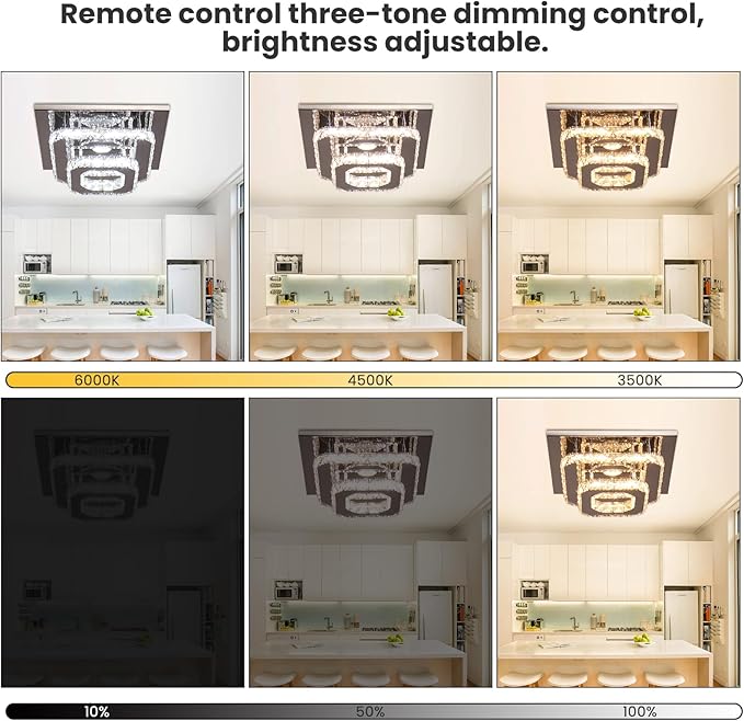 FRIXCHUR Dimmable Crystal Chandelier Ceiling Light with Remote Square Led Flush Mount Small Chandelier for Dining Room Kitchen Wedding Hallway Foyer,9.8"