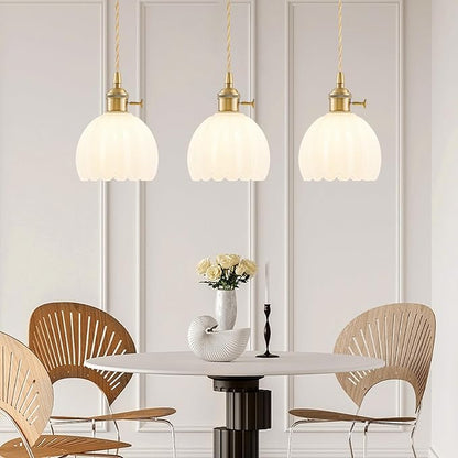 Mini Pendant Lights Kitchen island 3 Pack, Small Adjustable Pendant Light Fixture with Milk White Tulip Glass Lampshade, Vintage Gold Pendant Lighting, Pendant Light for Bedroom Dining Room Hallway
