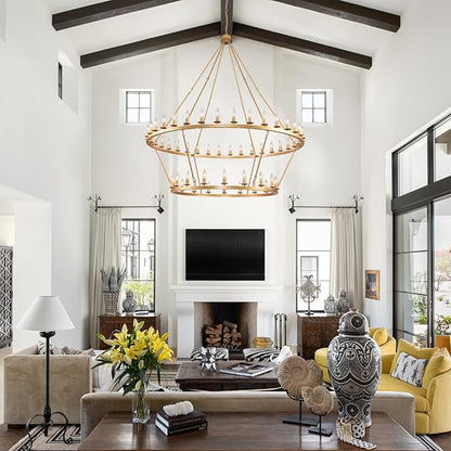 60 Inch Gold Extra Large Wagon Wheel Chandelier, 2 Tier 54-Lights Farmhouse Industrial Round High Ceiling Pendant Light Adjustable Chain, for Dining Room, Living Room