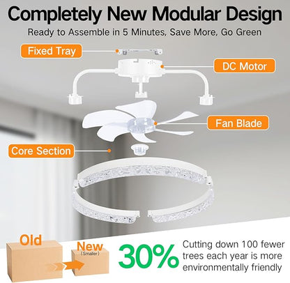 OUTON 20" Fandelier Low Profile Ceiling Fan with Light, Remote & App Control, Flush Mount Ceiling Fan with 3000K-6500K Stepless Dimmable, 6 Speed, Quiet DC Motor, Small Modern Fans for Bedroom White