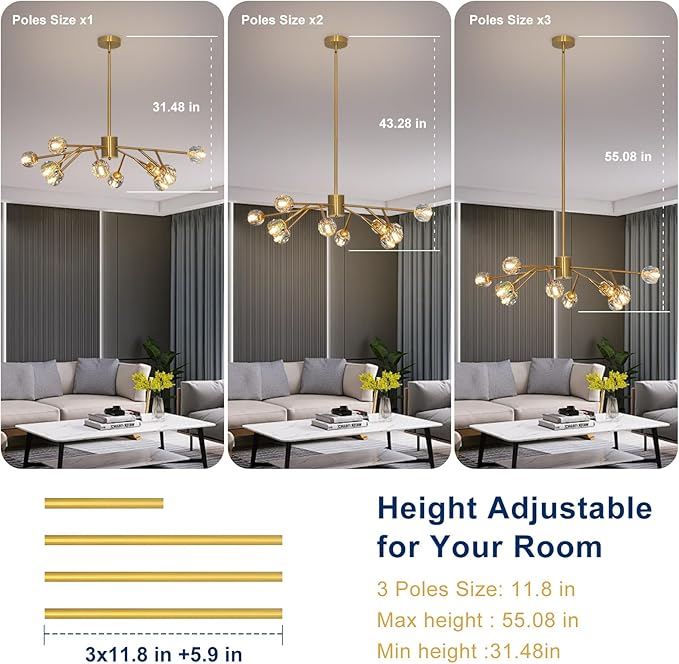 Depuley Chandelier Ceiling Light Fixture: 12-Light Modern Sputnik Chandelier for Dining Room - Height Adjustable Mid Century Gold Crystal Chandelier for Bedroom Living Room (Included G9 Bulbs)
