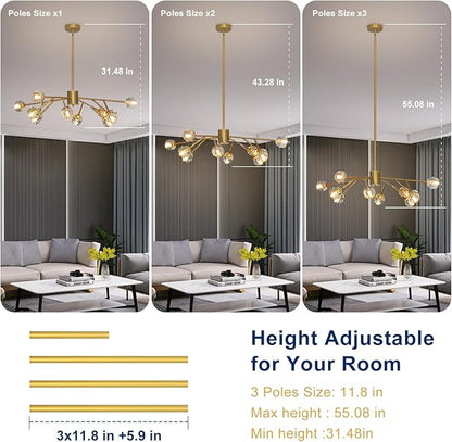 Depuley Chandelier Ceiling Light Fixture: 12-Light Modern Sputnik Chandelier for Dining Room - Height Adjustable Mid Century Gold Crystal Chandelier for Bedroom Living Room (Included G9 Bulbs)
