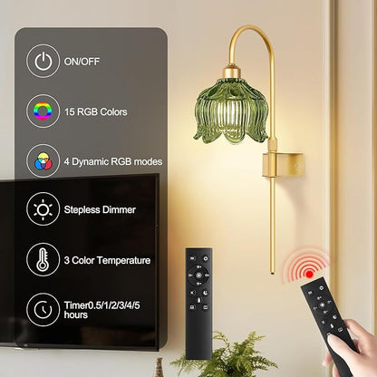 ZECOXOL Glass Battery Operated Wall Sconces Set of Two,Wireless Flower Battery Wall Light with 5000mAh RGB Dimmable Bulb and Remote, Rechargeable Wall Lamp Sconce for Bedroom Living Room Hallway
