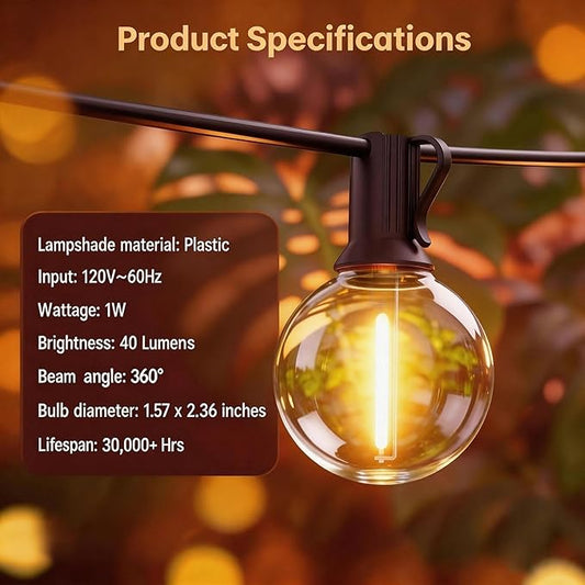 RTTY Outdoor String Lights 25 FT, G40 Led Patio Globe Lights with 13pcs Plastic Bulbs, Shatterproof Waterproof Connectable Hanging for Porch Cafe Bistro Backyard Gazebo Balcony Deck Party