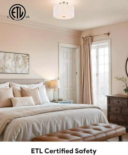 VONLUCE Semi-Flush Mount Ceiling Light, 12.2" Modern 2-Light Ceiling Light Fixture with White Pleated Drum Shade 2 E26 Sockets for Bedroom Entryway Living Room, Nickel Finish, ETL Certificated
