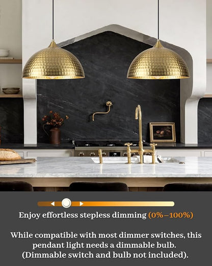 Gold Pendant Lights Kitchen Island 2 Pack, 12 Inch Hammered Dome Pendant Light, Farmhouse Kitchen Pendant Lights, Industrial Hammered Pendant Light for Kitchen, Dining Room, Barn