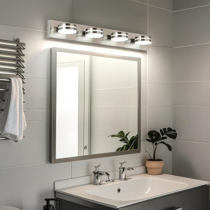 Brushed Nickel Vanity Lights for Bathroom, 4-Light Bathroom Light Fixtures Over Mirror, LED Dimmable Bath Lighting Fixture, Modern Wall Mounted Lighting Fixture