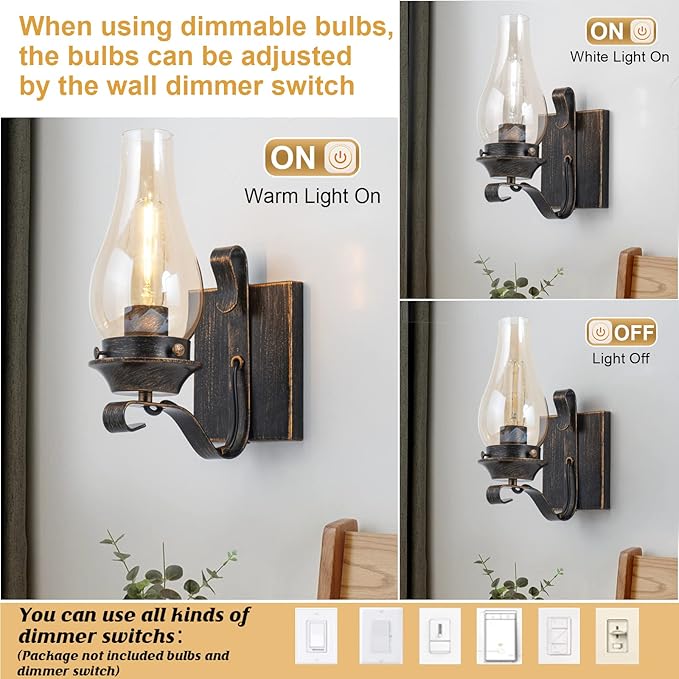 Yisuro Wall Sconces Sets of 2, Oil Rubbed Bronze Hardwired Wall Sconce Indoor, Retro Rustic Wall Lamps with Amber Glass,Vintage Bedside Sconces Wall Lighting for Living Room Bathroom