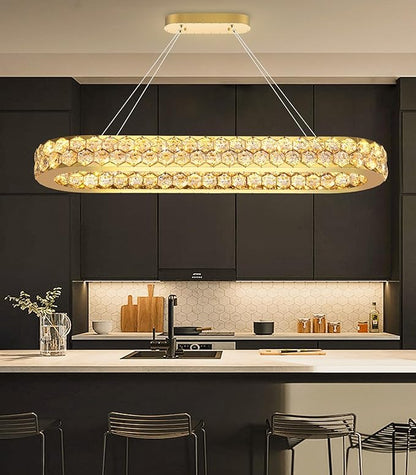 40'' Modern Oval Chandelier Crystal Chandeliers for Dining Room Round Ceiling Light Fixture for Living Room Lighting LED Dimmable with Remote Ring Lights Gold