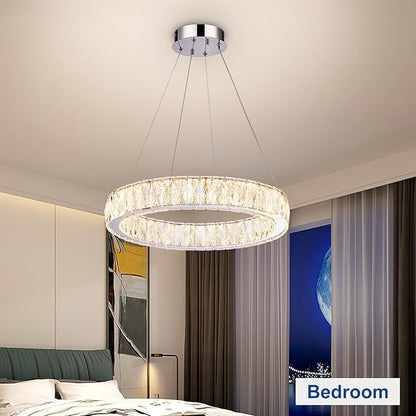 Depuley Modern LED Crystal Chandeliers: 19.7" Ring Chandelier Hanging Crystal Ceiling Light Fixture - 30W Adjustable Height Pendant Light for Living Room Dining Room Bedroom Foyer