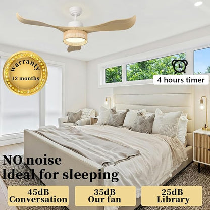 Eamonex 52 inches LED Bamboo DC Ceiling Fan with Light Fixture and Remote Control,Boho Wooden Bohemian Dimmable Rattan Wicker Fandelier for Indoor,Outdoor,Bedroom,Living room,Dining room