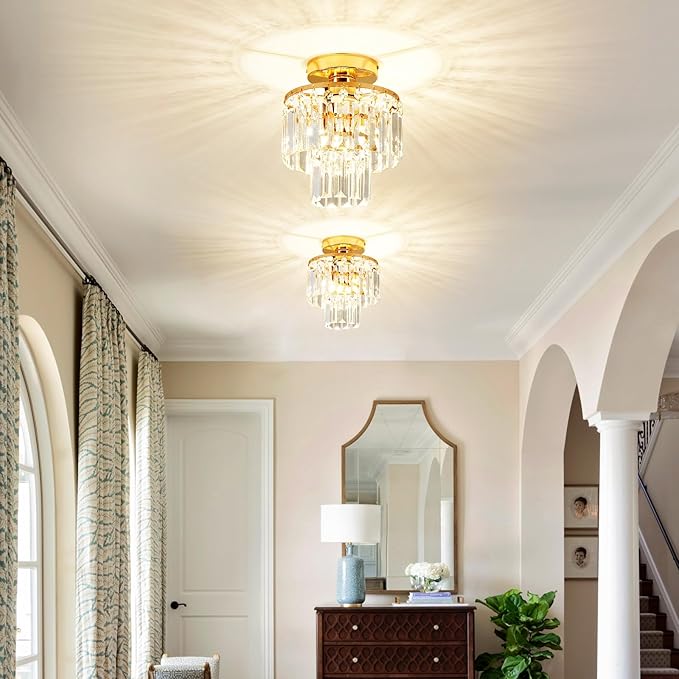 Mini Crystal Chandelier,Gold Crystal Chandeliers,2-Tier Semi Flush Mount Chandelier Pendant Lighting Fixture for Living Room Dining Room Foyer Bedroom Hallway E26 Base