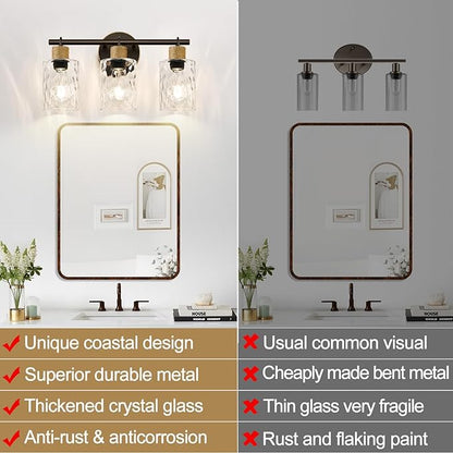 MOKATNG Bathroom Light Fixtures, 3-Light Coastal Vanity Lights with Crystal Glass Shade, Oil-Rubbed Bronze Bathroom Wall Lamp for Mirror Kitchen Hallway Cabinet