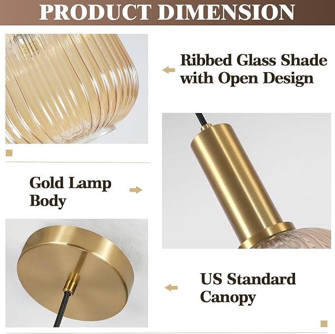 KCO Lighting Amber Glass Globe Pendant Light Mid Century Modern Kitchen Island Pendant Lighting Gold Single Pendant Light Fixture Vintage Brass Hanging Ceiling Light for Living Room Dining Room