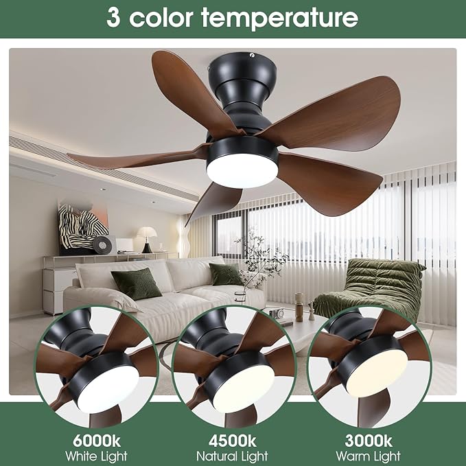 Kviflon Ceiling Fans with Lights and Remote/APP Control, 30 inch Low Profile Ceiling Fans with 5 Reversible Blades 3 Colors Dimmable 6 Speeds Ceiling Fan for Bedroom Dining Room, Wood Color