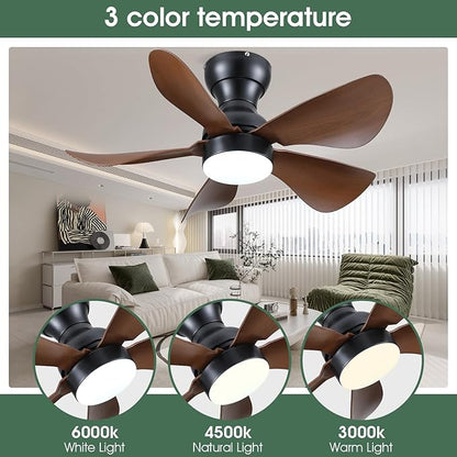Kviflon Ceiling Fans with Lights and Remote/APP Control, 30 inch Low Profile Ceiling Fans with 5 Reversible Blades 3 Colors Dimmable 6 Speeds Ceiling Fan for Bedroom Dining Room, Wood Color