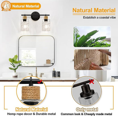 MOKATNG Bathroom Light Fixtures, 2-Light Coastal Vanity Lights with Crystal Glass Shade, Brown and Gold Bathroom Wall Lamp for Mirror Kitchen Hallway Cabinet