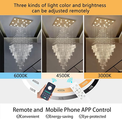 HAIXIANG W40 x H120 Glam Chandelier with LED Bulbs Square Chandeliers, Crystal Raindrop High Ceiling Pendant Light for Entrance Large Villa Foyer Lighting Fixtures Gold
