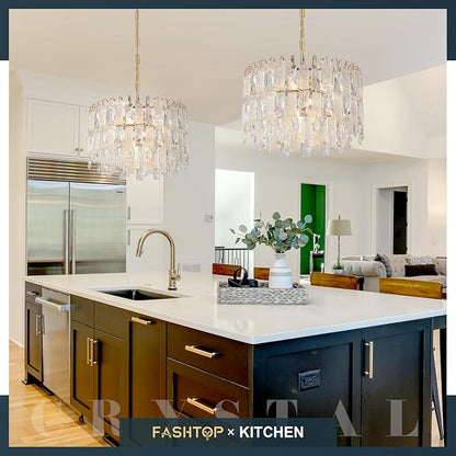 7-Light Crystal Gold Chandelier Modern 3-Tier K9 Crystal Round Light Fixture 16" Pendant Chandelier for Kitchen Island Dining Room Bedroom Foyer Entryway Hallway, E12