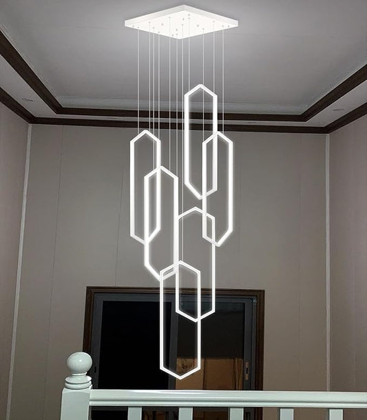 Modern Chandelier LED Dimmable Light for Staircase Living Room Entrance High Ceiling Chandeliers with Remote Control for Villa Foyer White