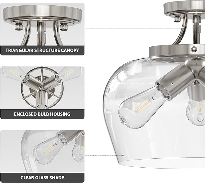 VONLUCE Semi Flush Mount Ceiling Light, 13.8" Ceiling Light Fixture with Clear Glass Shade, E26 Base, 3-Bulb Industrial Lighting Fixture for Hallway Entryway Bedroom, Brushed Nickel, ETL Certificated