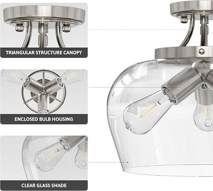 VONLUCE Semi Flush Mount Ceiling Light, 13.8" Ceiling Light Fixture with Clear Glass Shade, E26 Base, 3-Bulb Industrial Lighting Fixture for Hallway Entryway Bedroom, Brushed Nickel, ETL Certificated