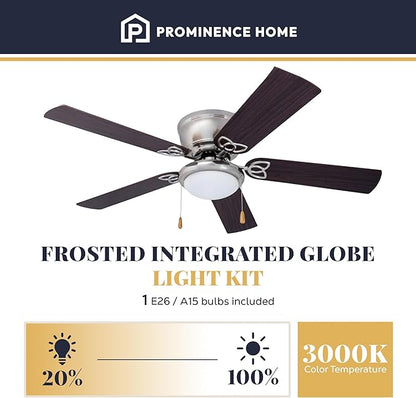 Prominence Home Benton Traditional 52 Inch Ceiling Fan with Light, LED Flush Mount Ceiling Fan, Indoor Fan with 5 Blades, Brown Walnut and Brown Maple Blade Finish Options, Brushed Nickel (51428-01)