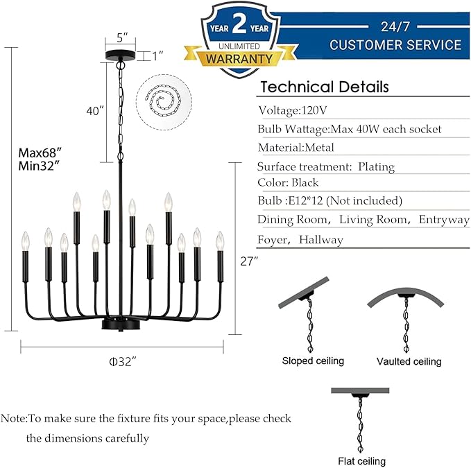 Black Chandeliers for Dining Room Light Fixture Over Table, Modern Farmhouse Chandeliers for Living Room,12-Lights Industrial Metal Candle Lighting Fixtures for Entryway Kitchen Island Foyer