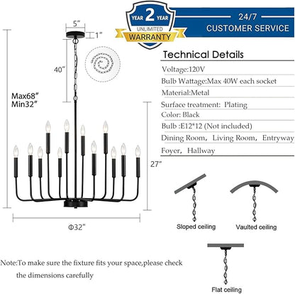 Black Chandeliers for Dining Room Light Fixture Over Table, Modern Farmhouse Chandeliers for Living Room,12-Lights Industrial Metal Candle Lighting Fixtures for Entryway Kitchen Island Foyer