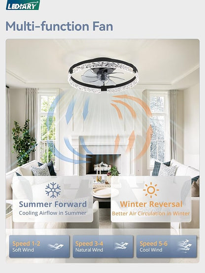 LEDIARY 20 Inch Low Profile Ceiling Fans with Lights and Remote, Fandelier Ceiling Fan Flush Mount, 3000K-6000K Dimmable LED Fan Light, Black Modern Ceiling Fans with Lights for Bedroom