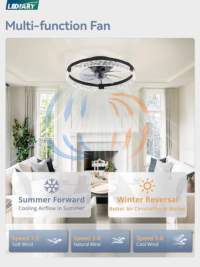 LEDIARY 2 Pack 20 Inch Ceiling Fans with Lights and Remote, Fandelier Modern Low Profile Ceiling Fan, 3000K-6000K Dimmable LED Fan Light, Black Flush Mount Ceiling Fans with Lights for Bedroom