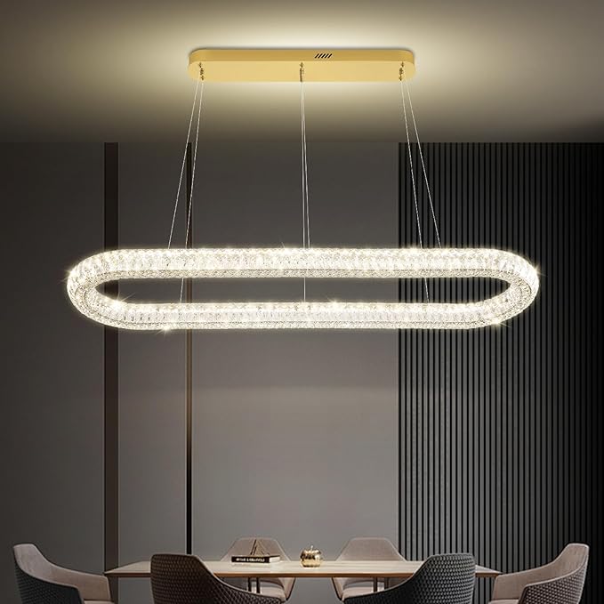 Large Led Gold Ring Chandelier for Living Room Modern 55in Linear Oval Chandeliers Over Table Crystal Ring Pendant Light for Dining Room Dimmable 3000K-6000K