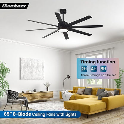 Modern Ceiling Fans with Lights, 65 Inch Ceiling Fan with Light and Remote for Bedroom Living Room Kitchen Office, Indoor/Outdoor Use, 24W 3CCT 8 Blades 6 Speed Reversible Quiet DC Motor, Black