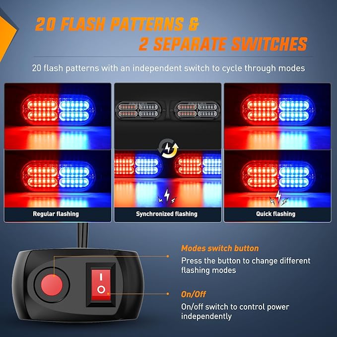 Nilight 4PCS LED Strobe lights 12V 24V Sync Feature Red Blue 24LED Emergency Hazard Warning Lights with Controller Hard Wire or Cigarette Lighter Plug for Car Truck RVs Campers
