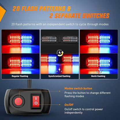 Nilight 4PCS LED Strobe lights 12V 24V Sync Feature Red Blue 24LED Emergency Hazard Warning Lights with Controller Hard Wire or Cigarette Lighter Plug for Car Truck RVs Campers