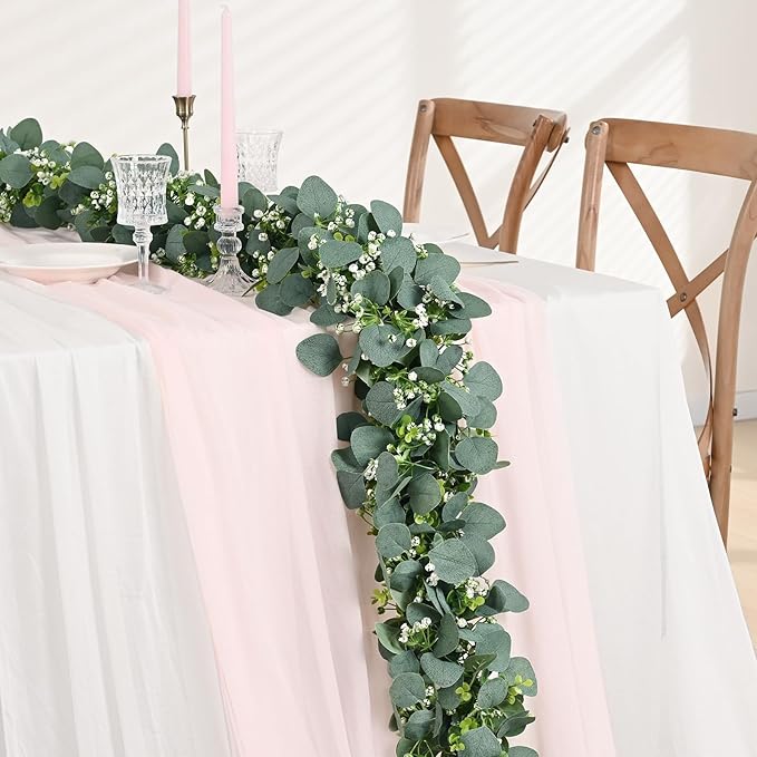 Waipfaru 4Pcs Eucalyptus Garland, 5.9FT Greenery Garland, Green Garland with Flowers, Artificial Faux Silver Dollar Eucalyptus Leaves Vines for Table Home Wedding Mantle Party Indoor Outdoor Decor