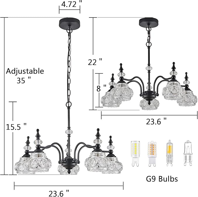Vintage 5-Light Chandelier Black Kitchen Pendant Light Fixtures Finish with Crystal Glass Shade for Living Room Dining Room Bedroom Chandelier Over Table