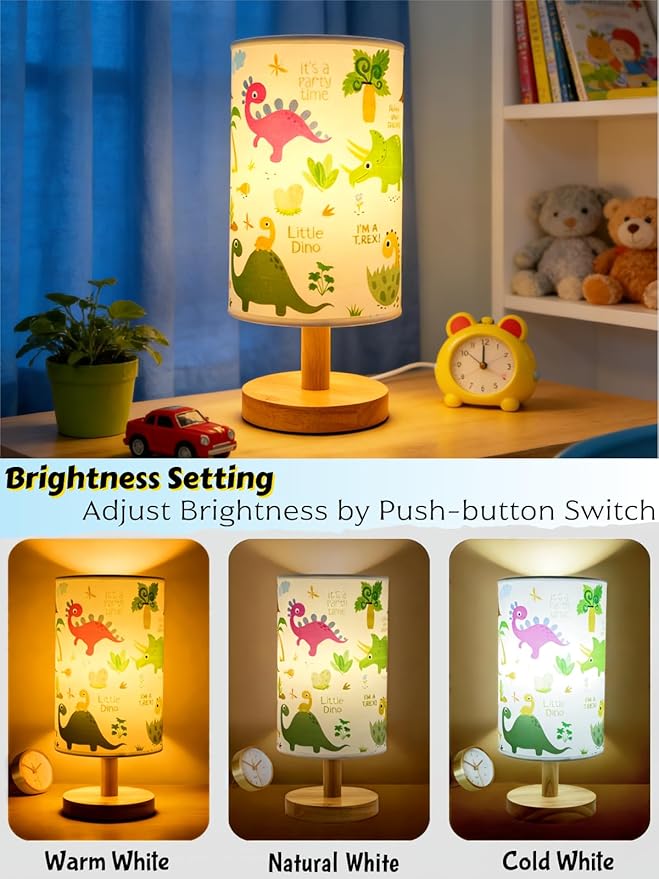 Dinosaur Lamp, Dinosaur Room Decor for Kids Bedroom, 3 Color Dimmable Reading Bedside/Desk Nightlight with Linen Shade and Wood Base for Bedroom Living Room, Practical Gifts for Dino Fans Boys