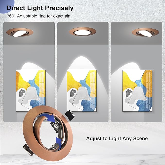 6 Pack Round Recessed Spotlights Trim Ring Fitting, Compatible with MR16 GU5.3 Bulbs, Outer Dia.90mm, Cut-Out Size 68-85mm, 360° Adjustable Holder for Under Cabinet,Antique Copper