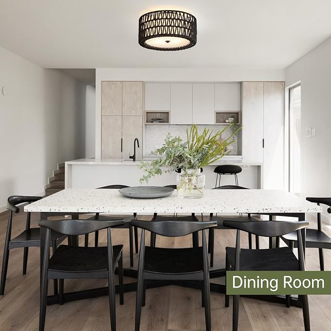 Boho Black Ceiling Light Fixtures 2-Light Rattan Flush Mount Ceiling Light, 12.6" Modern Light Fixture Close to Ceiling Light for Bedroom Nursery Foyer Hallway Entryway Kids Room