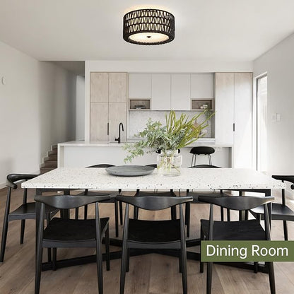Boho Black Ceiling Light Fixtures 2-Light Rattan Flush Mount Ceiling Light, 12.6" Modern Light Fixture Close to Ceiling Light for Bedroom Nursery Foyer Hallway Entryway Kids Room
